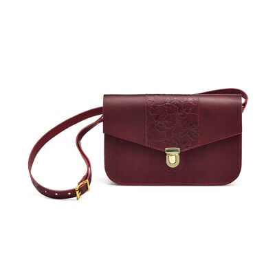 Red leather oak-embossed handbag